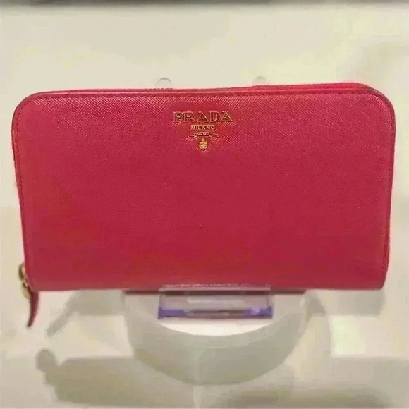 Prada Women's Zip-Around Wallet Peonia Pink Saffiano Leather Logo - Picture 1 of 10